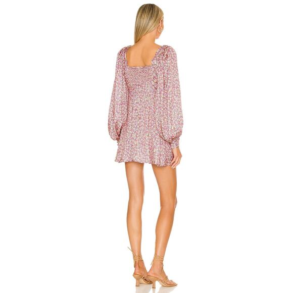 For Love‎ & Lemons Laurie Pink Floral Mini Dress Long Puff Sleeve Sz XS Satin - Picture 5 of 13